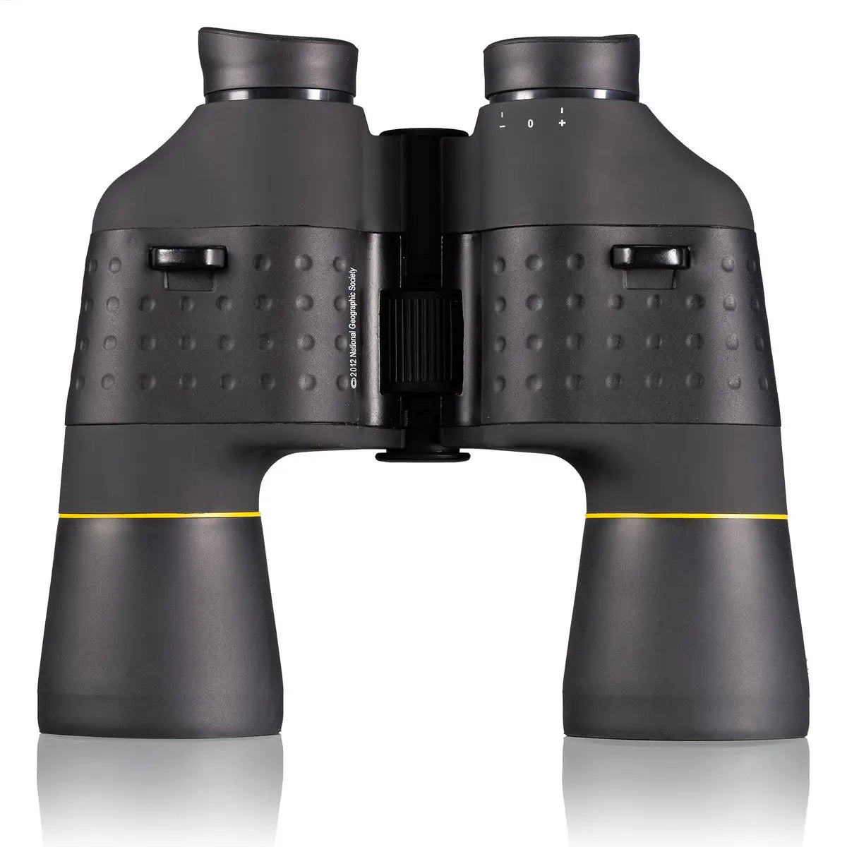 Black binoculars with a textured grip pattern and thin yellow accent rings near the base of each lens, shown on a white background with a soft reflection.