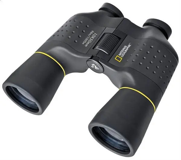 National Geographic 10x25mm binoculars in black with yellow accents, shown on a plain white background.