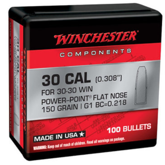 Winchester Bullets 30 Caliber 150gr Power-Point (Flat Nose Lead) x 100