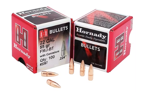 HORNADY .22 Cal .224 55 GR FMJ-BT with Cannelure Bullets (100)