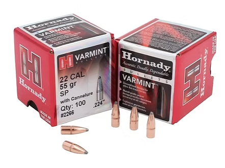 HORNADY 22 Cal .224 55 GR SP Boattail with Cannelure Bullets (100)