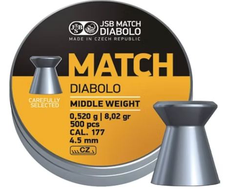 JSB Match Diabolo MATCH Middle Weight 4.5mm/.177 8.02 GR Airgun Pellets (500) JSB