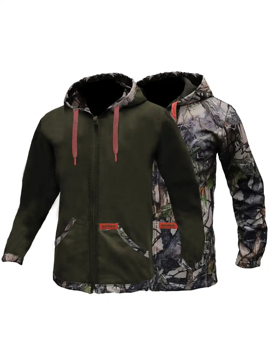 Sniper Africa kids reversible soft shell hoodie in 3D camo and olive