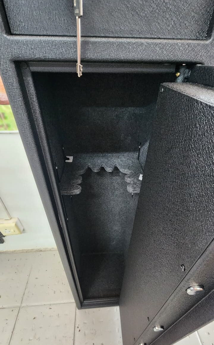 Buffalo River Platinum 7 gun safe with door open, showing gun racks and carpeted interior