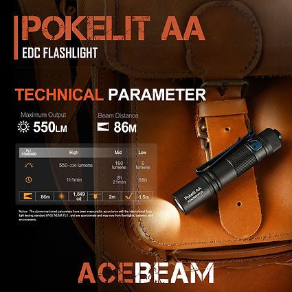 AceBeam Pokelit 2AA EDC Flashlight 600 lumens (Black)